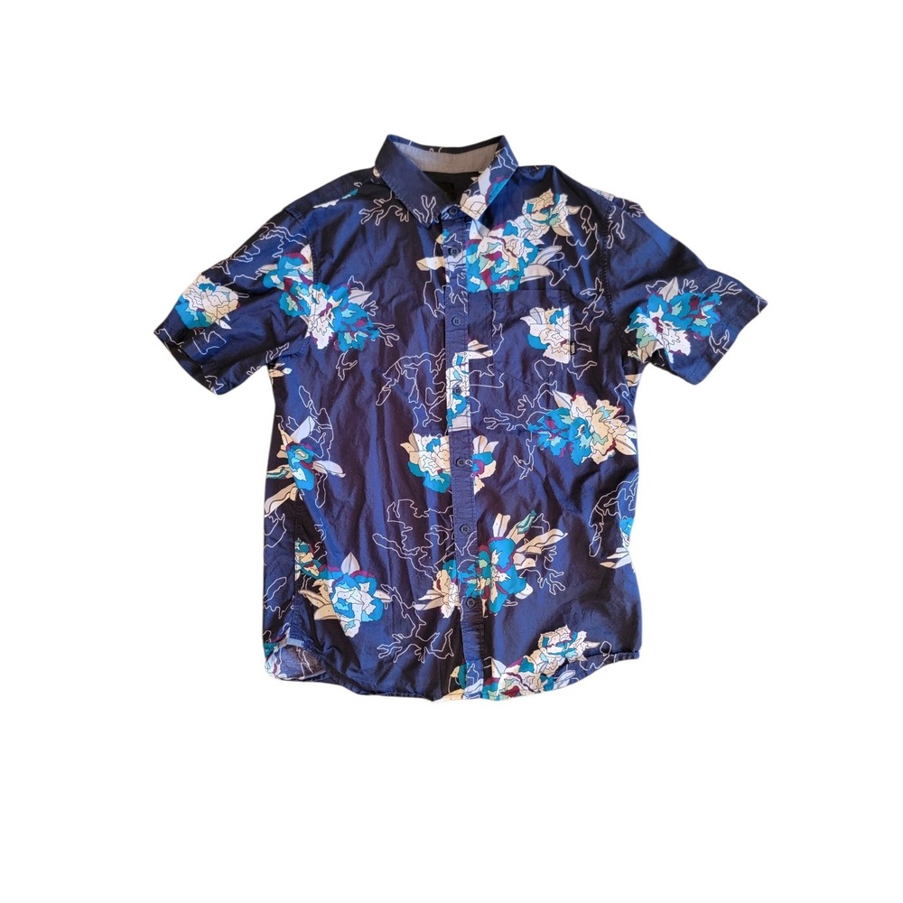 Vans Button Down Shirt Mens Medium Navy Blue Surf Floral Short Sleeve Classic
